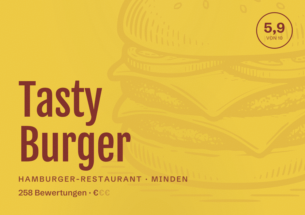 Illustriertes Poster von Tasty Burger, Hamburger-Restaurant in Minden: Bewertung 5,9 von 10 aus 258 Bewertungen, Preisniveau €