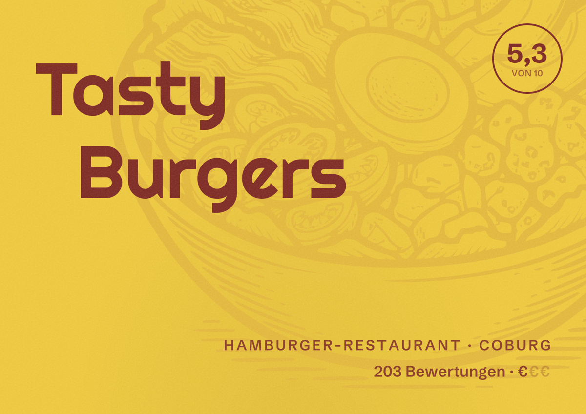 Illustriertes Poster von Tasty Burgers, Hamburger-Restaurant in Coburg: Bewertung 5,3 von 10 aus 203 Bewertungen, Preisniveau €