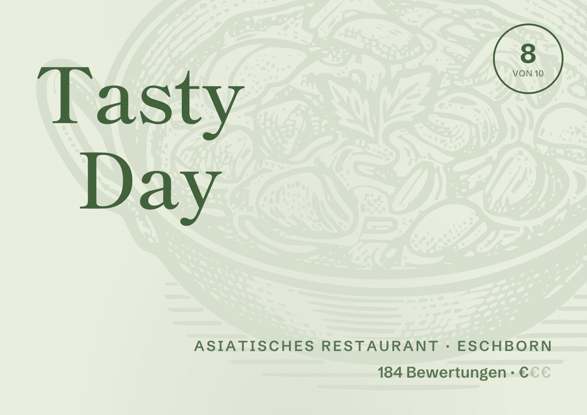 Illustriertes Poster von Tasty Day, Asiatisches Restaurant in Eschborn: Bewertung 8 von 10 aus 184 Bewertungen, Preisniveau €