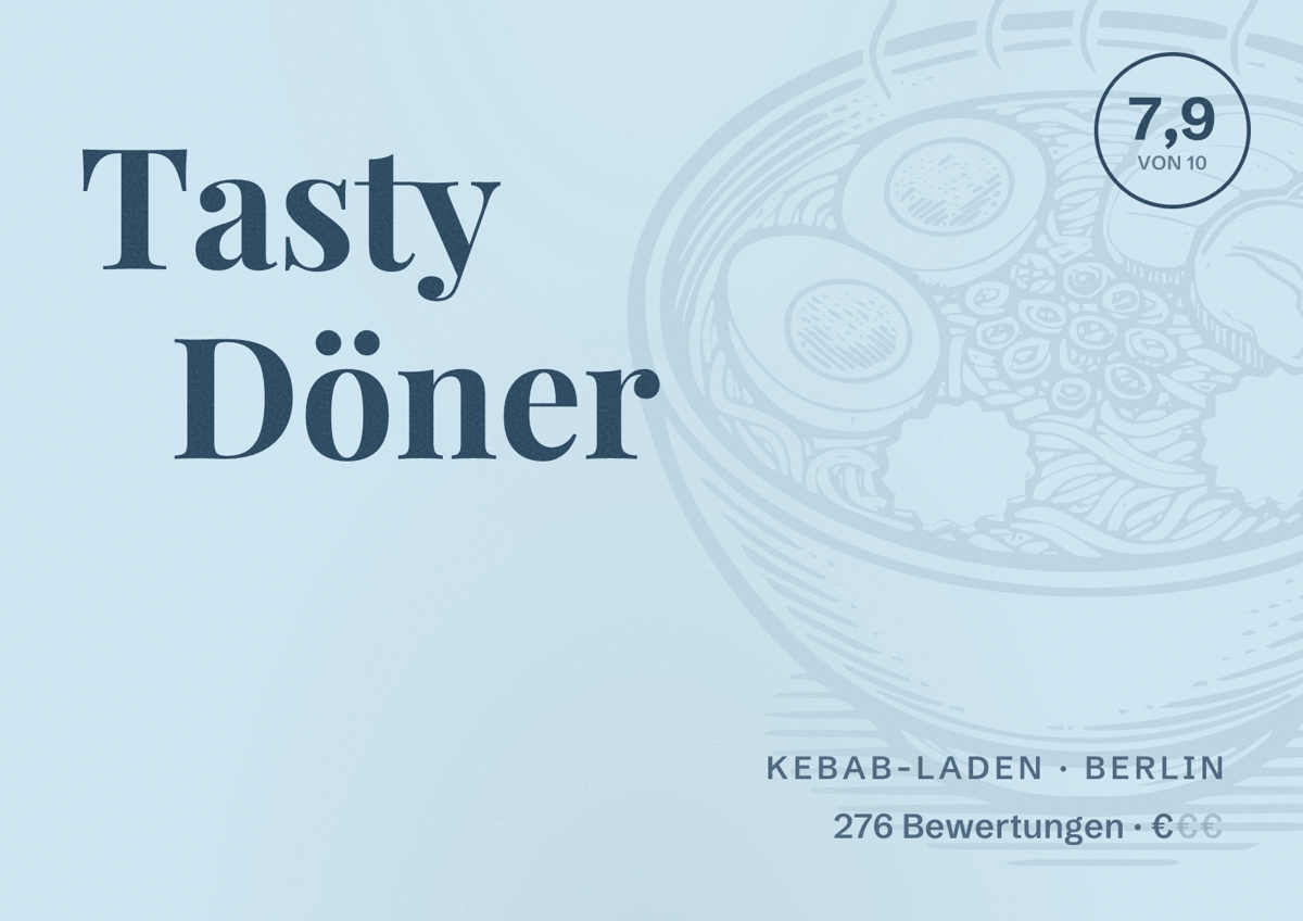 Illustriertes Poster von Tasty Döner, Kebab-Laden in Berlin: Bewertung 7,9 von 10 aus 276 Bewertungen, Preisniveau €