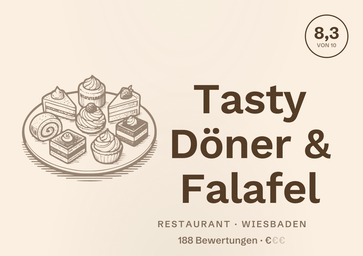 Illustriertes Poster von Tasty Döner & Falafel, Restaurant in Wiesbaden: Bewertung 8,3 von 10 aus 188 Bewertungen, Preisniveau €