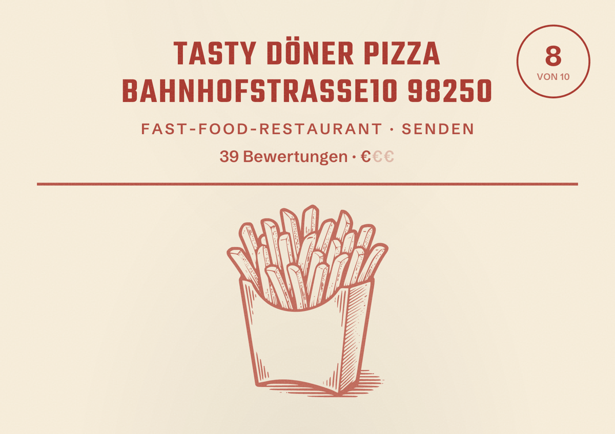 Illustriertes Poster von Tasty Döner pizza Bahnhofstraße10 98250, Fast-Food-Restaurant in Senden: Bewertung 8 von 10 aus 39 Bewertungen, Preisniveau €