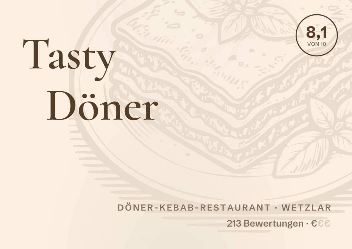 Illustriertes Poster von Tasty Döner, Döner-Kebab-Restaurant in Wetzlar: Bewertung 8,1 von 10 aus 213 Bewertungen, Preisniveau €