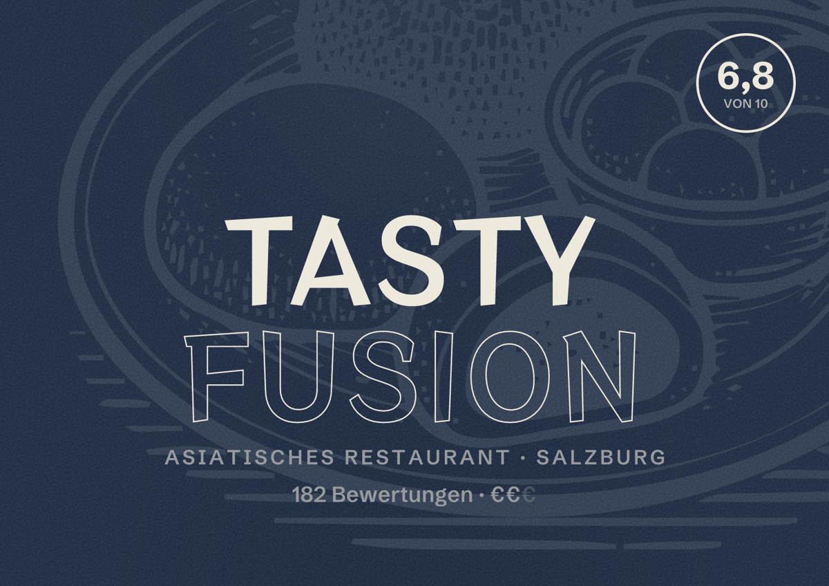 Illustriertes Poster von Tasty Fusion, Asiatisches Restaurant in Salzburg: Bewertung 6,8 von 10 aus 182 Bewertungen, Preisniveau €€