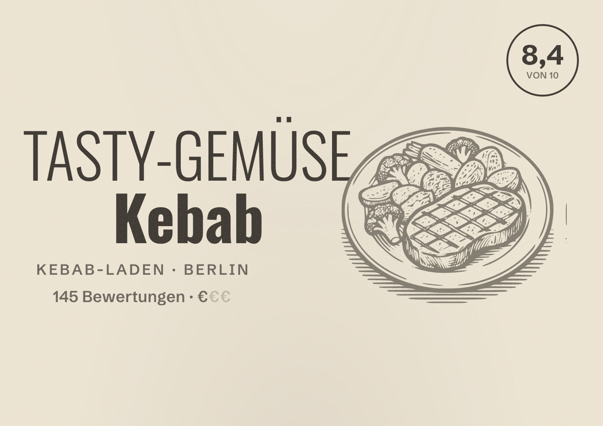 Illustriertes Poster von TASTY-GEMÜSE Kebab, Kebab-Laden in Berlin: Bewertung 8,4 von 10 aus 145 Bewertungen, Preisniveau €