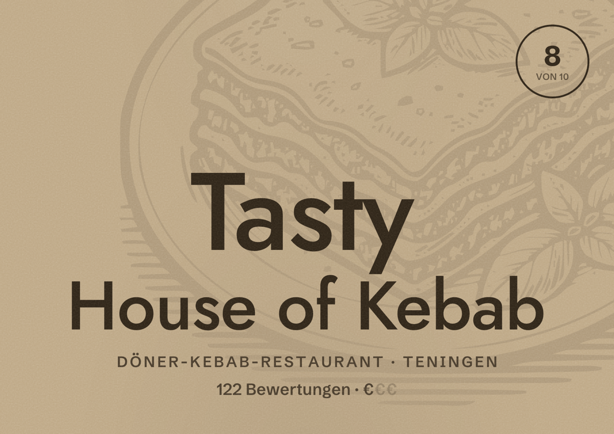 Illustriertes Poster von Tasty House of Kebab, Döner-Kebab-Restaurant in Teningen: Bewertung 8 von 10 aus 122 Bewertungen, Preisniveau €