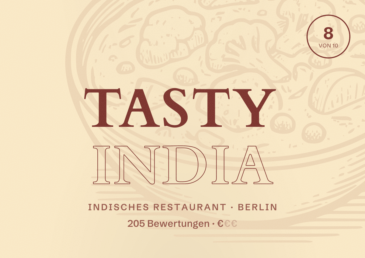 Illustriertes Poster von Tasty India, Indisches Restaurant in Berlin: Bewertung 8,0 von 10 aus 205 Bewertungen, Preisniveau €