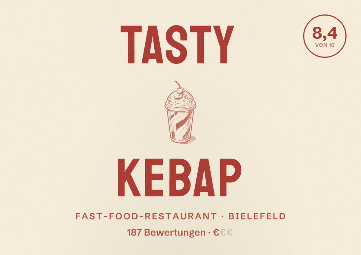 Illustriertes Poster von TASTY KEBAP, Fast-Food-Restaurant in Bielefeld: Bewertung 8,4 von 10 aus 187 Bewertungen, Preisniveau €