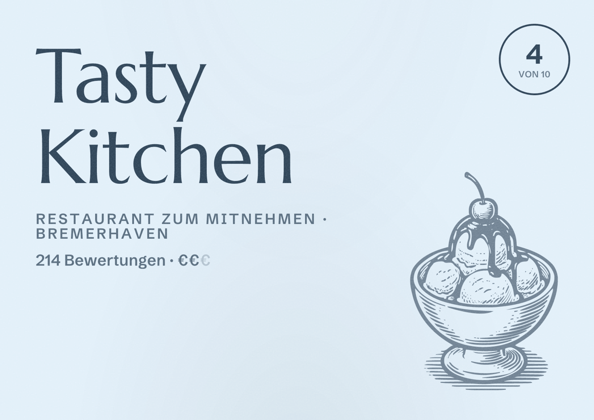Illustriertes Poster von Tasty Kitchen, Restaurant zum Mitnehmen in Bremerhaven: Bewertung 4 von 10 aus 214 Bewertungen, Preisniveau €€