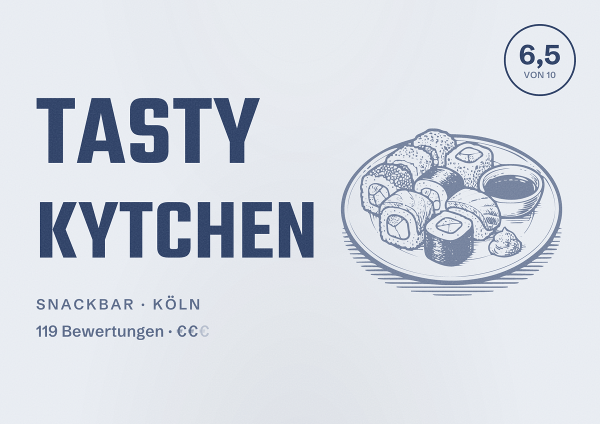 Illustriertes Poster von Tasty Kytchen, Snackbar in Köln: Bewertung 6,5 von 10 aus 119 Bewertungen, Preisniveau €€