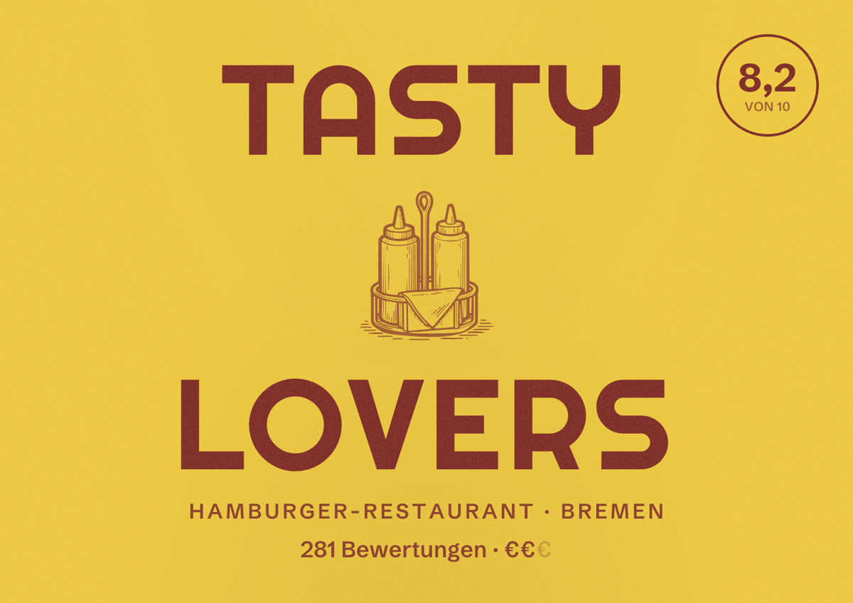 Illustriertes Poster von Tasty Lovers, Hamburger-Restaurant in Bremen: Bewertung 8,2 von 10 aus 281 Bewertungen, Preisniveau €€