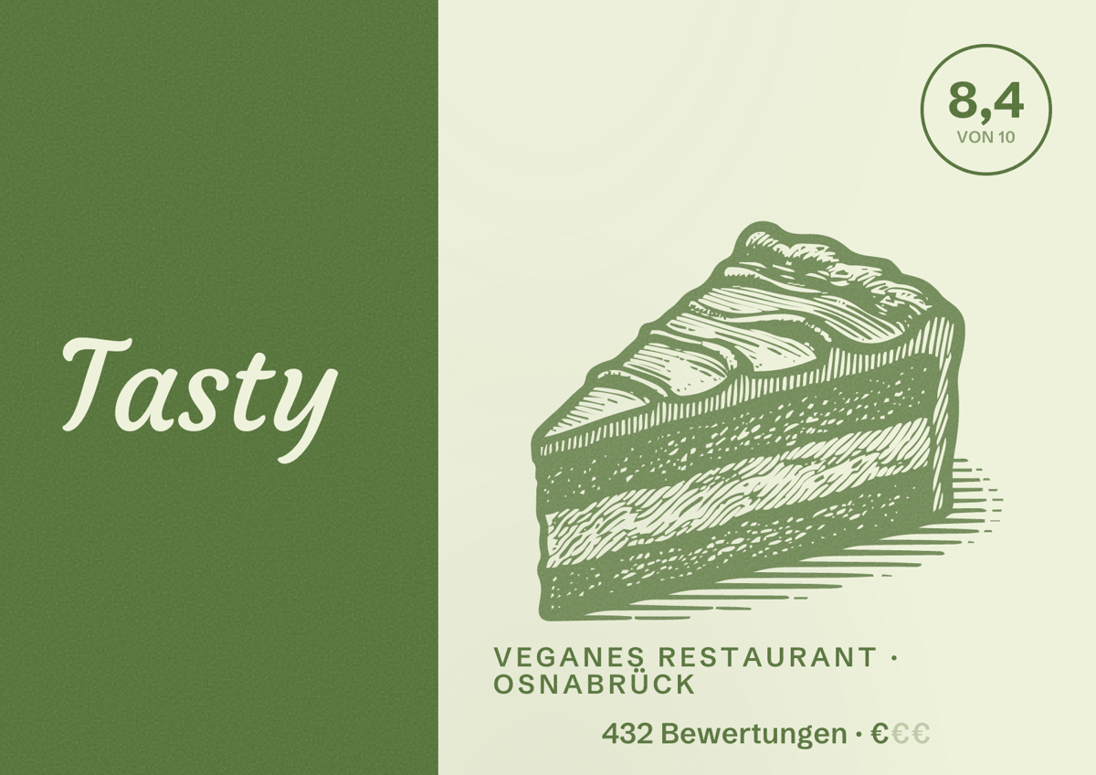 Illustriertes Poster von Tasty, Veganes Restaurant in Osnabrück: Bewertung 8,4 von 10 aus 432 Bewertungen, Preisniveau €