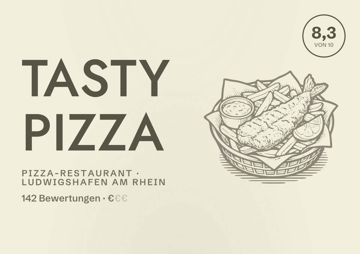 Illustriertes Poster von Tasty pizza, Pizza-Restaurant in Ludwigshafen am Rhein: Bewertung 8,3 von 10 aus 142 Bewertungen, Preisniveau €