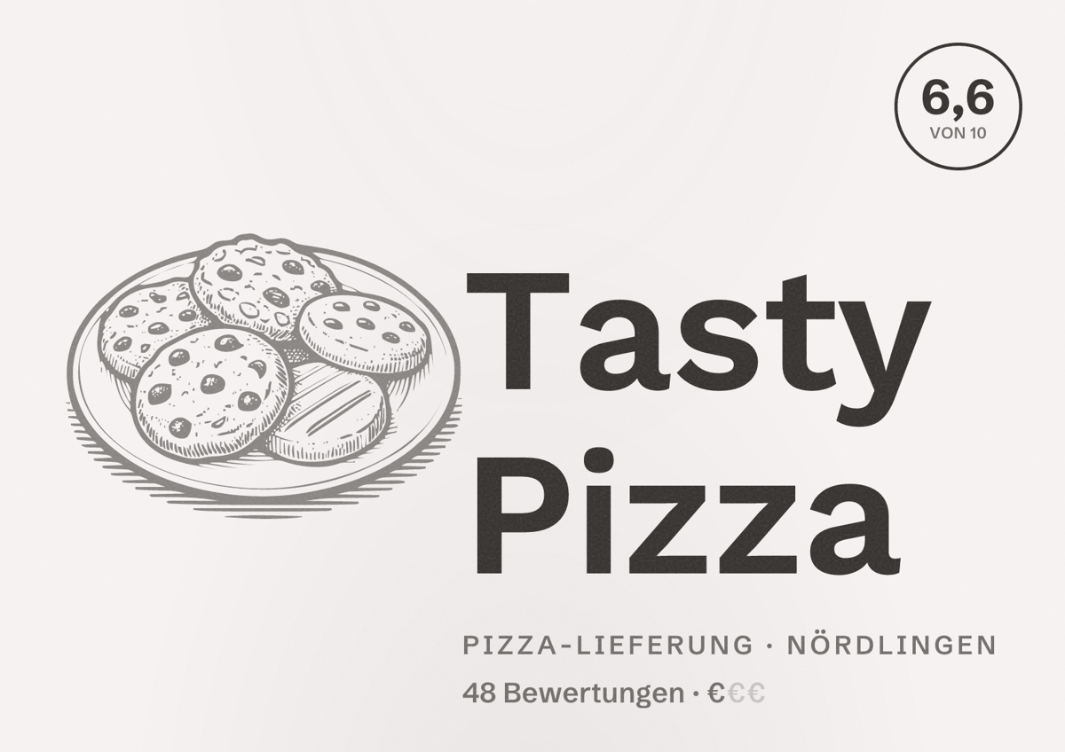 Illustriertes Poster von Tasty Pizza, Pizza-Lieferung in Nördlingen: Bewertung 6,6 von 10 aus 48 Bewertungen, Preisniveau €