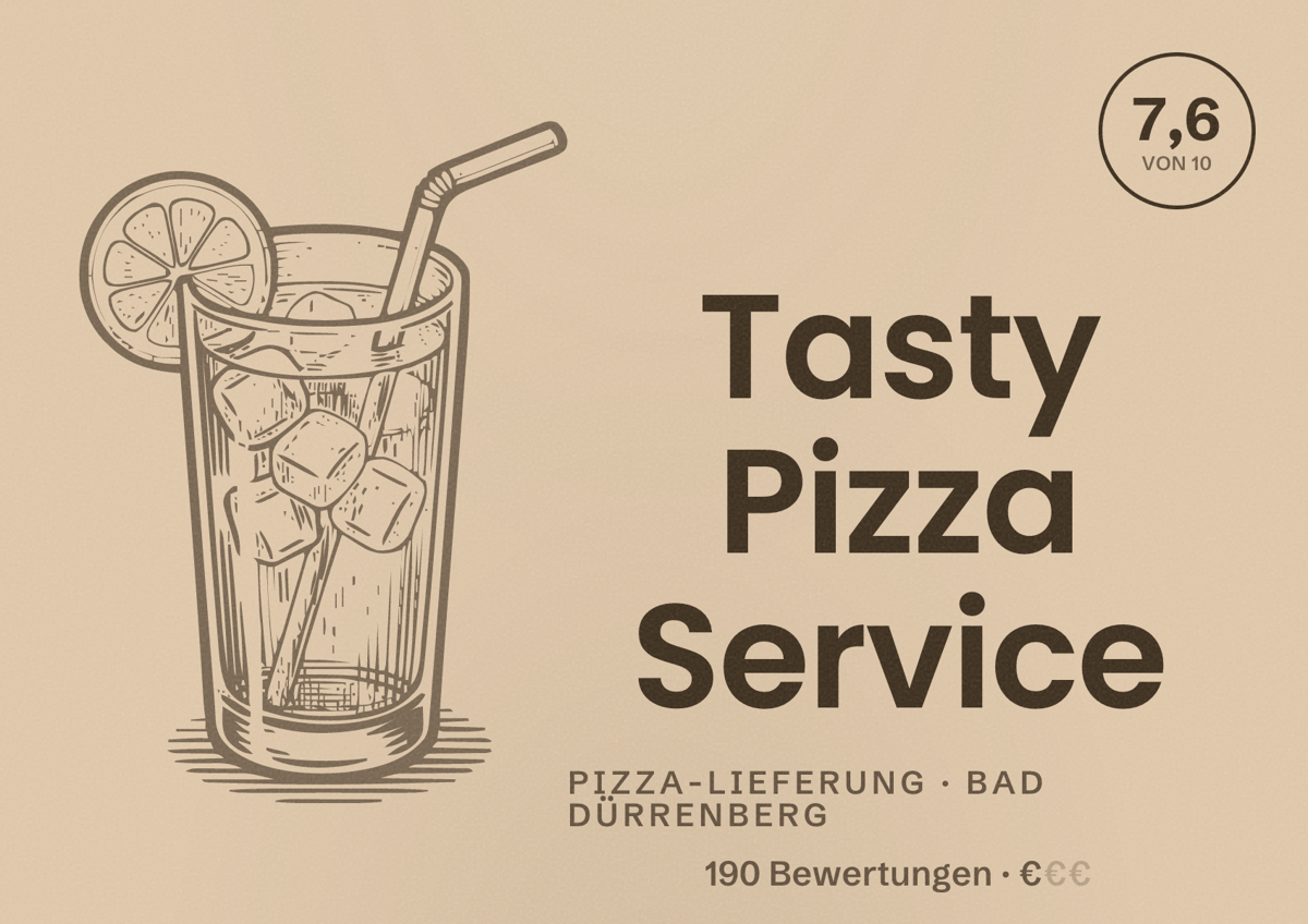 Illustriertes Poster von Tasty Pizza Service, Pizza-Lieferung in Bad Dürrenberg: Bewertung 7,6 von 10 aus 190 Bewertungen, Preisniveau €