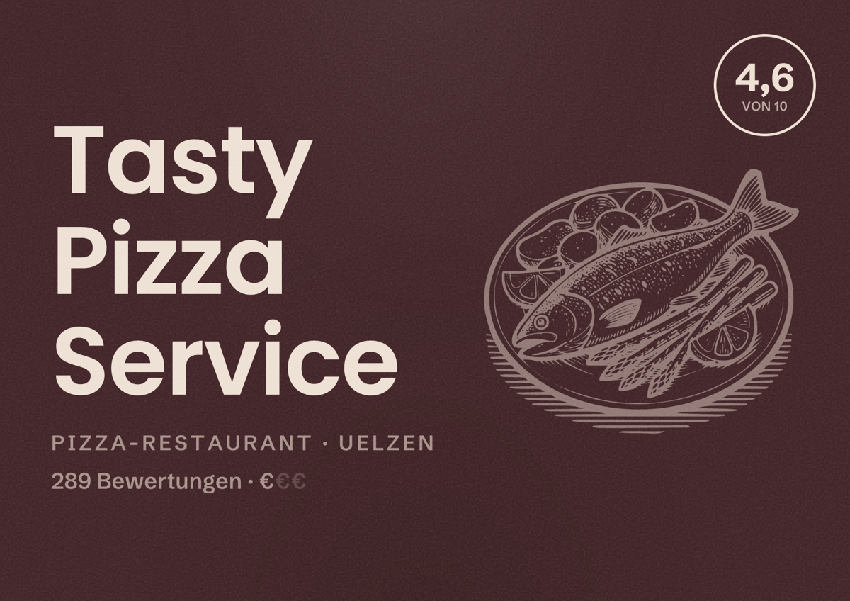 Illustriertes Poster von Tasty Pizza Service, Pizza-Restaurant in Uelzen: Bewertung 4,6 von 10 aus 289 Bewertungen, Preisniveau €