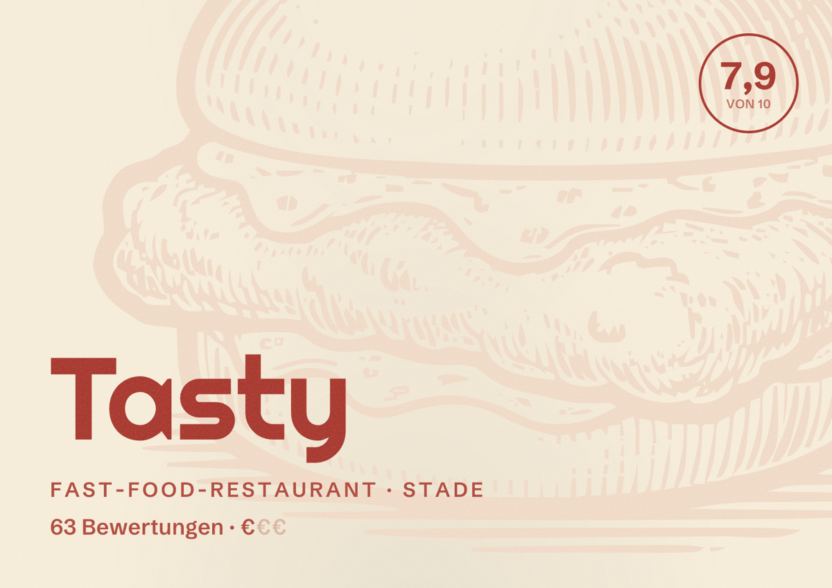 Illustriertes Poster von Tasty, Fast-Food-Restaurant in Stade: Bewertung 7,9 von 10 aus 63 Bewertungen, Preisniveau €