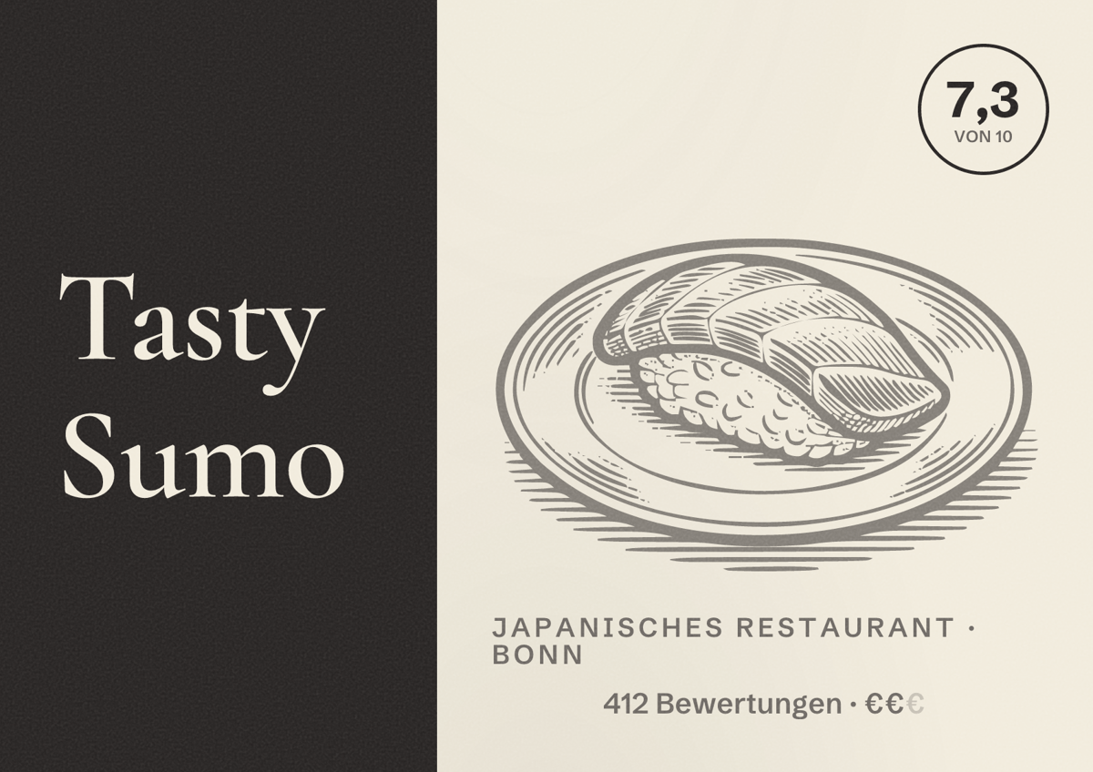 Illustriertes Poster von Tasty Sumo, Japanisches Restaurant in Bonn: Gästebewertung 7,3 von 10 aus 412 Bewertungen