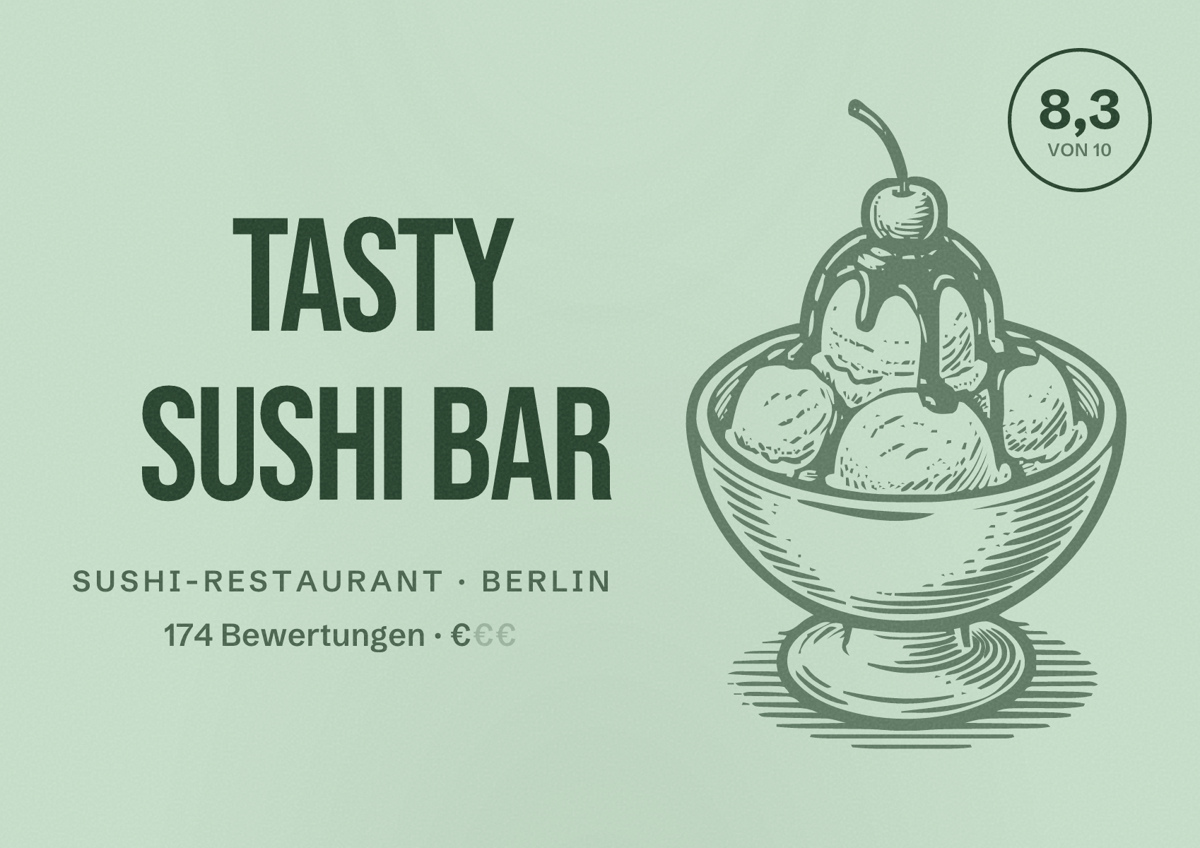 Illustriertes Poster von Tasty Sushi Bar, Sushi-Restaurant in Berlin: Bewertung 8,3 von 10 aus 174 Bewertungen, Preisniveau €