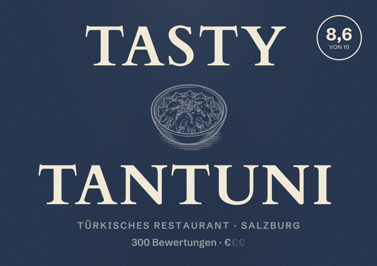 Illustriertes Poster von Tasty Tantuni, Türkisches Restaurant in Salzburg: Bewertung 8,6 von 10 aus 300 Bewertungen, Preisniveau €