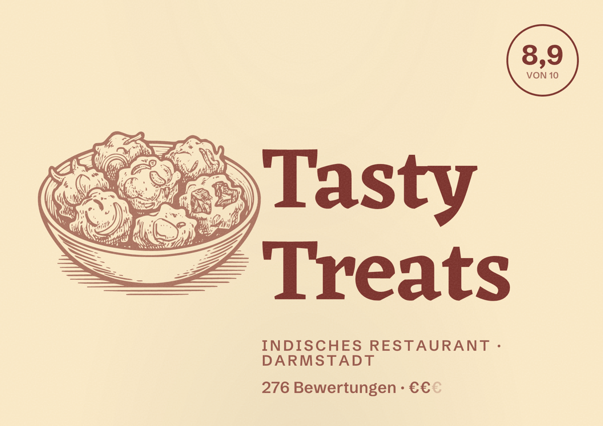 Illustriertes Poster von Tasty Treats, Indisches Restaurant in Darmstadt: Bewertung 8,9 von 10 aus 276 Bewertungen, Preisniveau €€