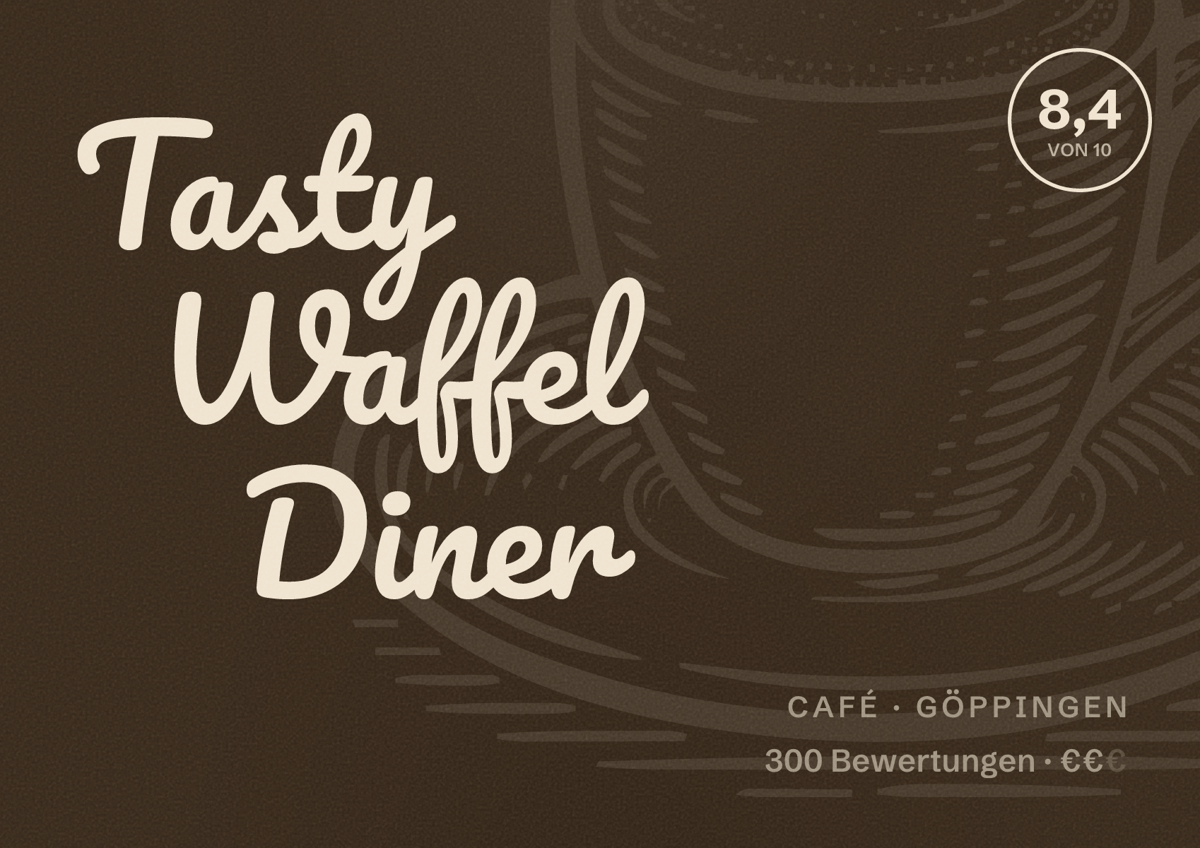 Illustriertes Poster von Tasty Waffel Diner, Café in Göppingen: Bewertung 8,4 von 10 aus 300 Bewertungen, Preisniveau €€