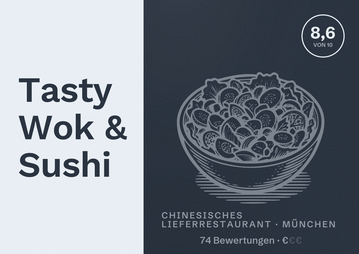 Illustriertes Poster von Tasty Wok & Sushi, Chinesisches Lieferrestaurant in München: Bewertung 8,6 von 10 aus 74 Bewertungen, Preisniveau €