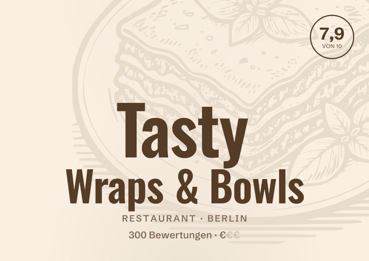 Illustriertes Poster von Tasty Wraps & Bowls, Restaurant in Berlin: Bewertung 7,9 von 10 aus 300 Bewertungen, Preisniveau €
