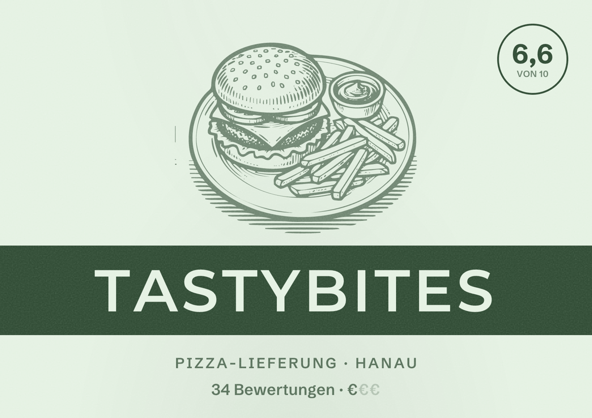 Illustriertes Poster von Tastybites, Pizza-Lieferung in Hanau: Bewertung 6,6 von 10 aus 34 Bewertungen, Preisniveau €