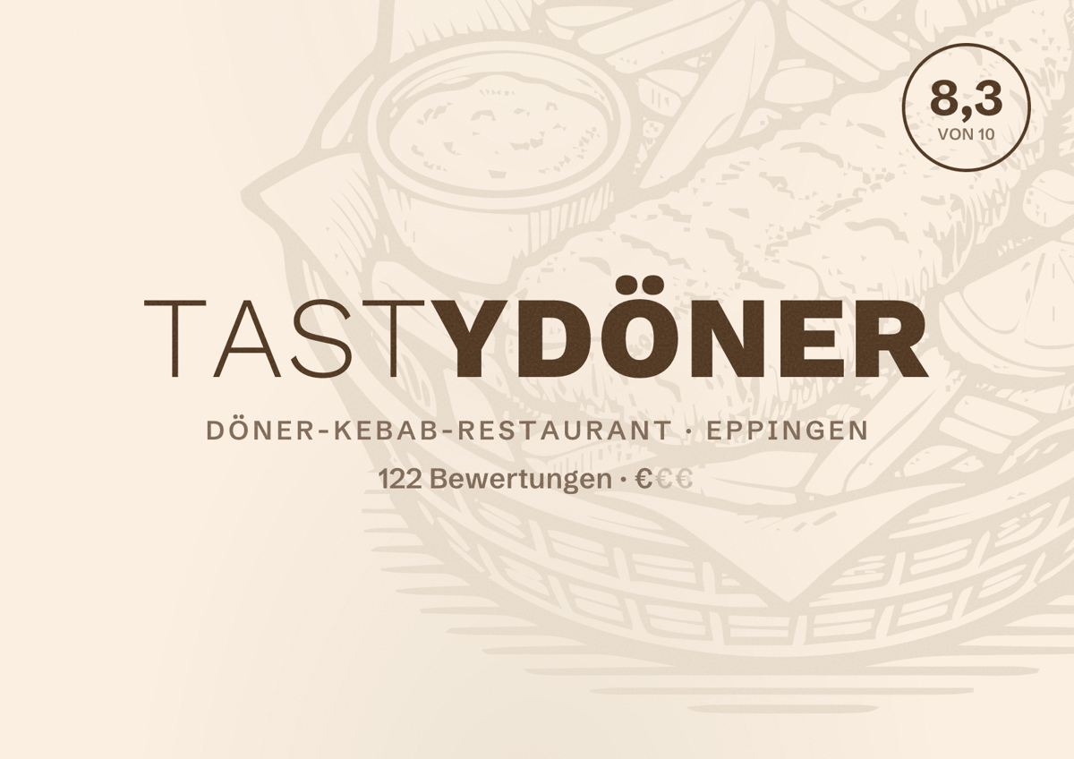 Illustriertes Poster von Tastydöner, Döner-Kebab-Restaurant in Eppingen: Bewertung 8,3 von 10 aus 122 Bewertungen, Preisniveau €