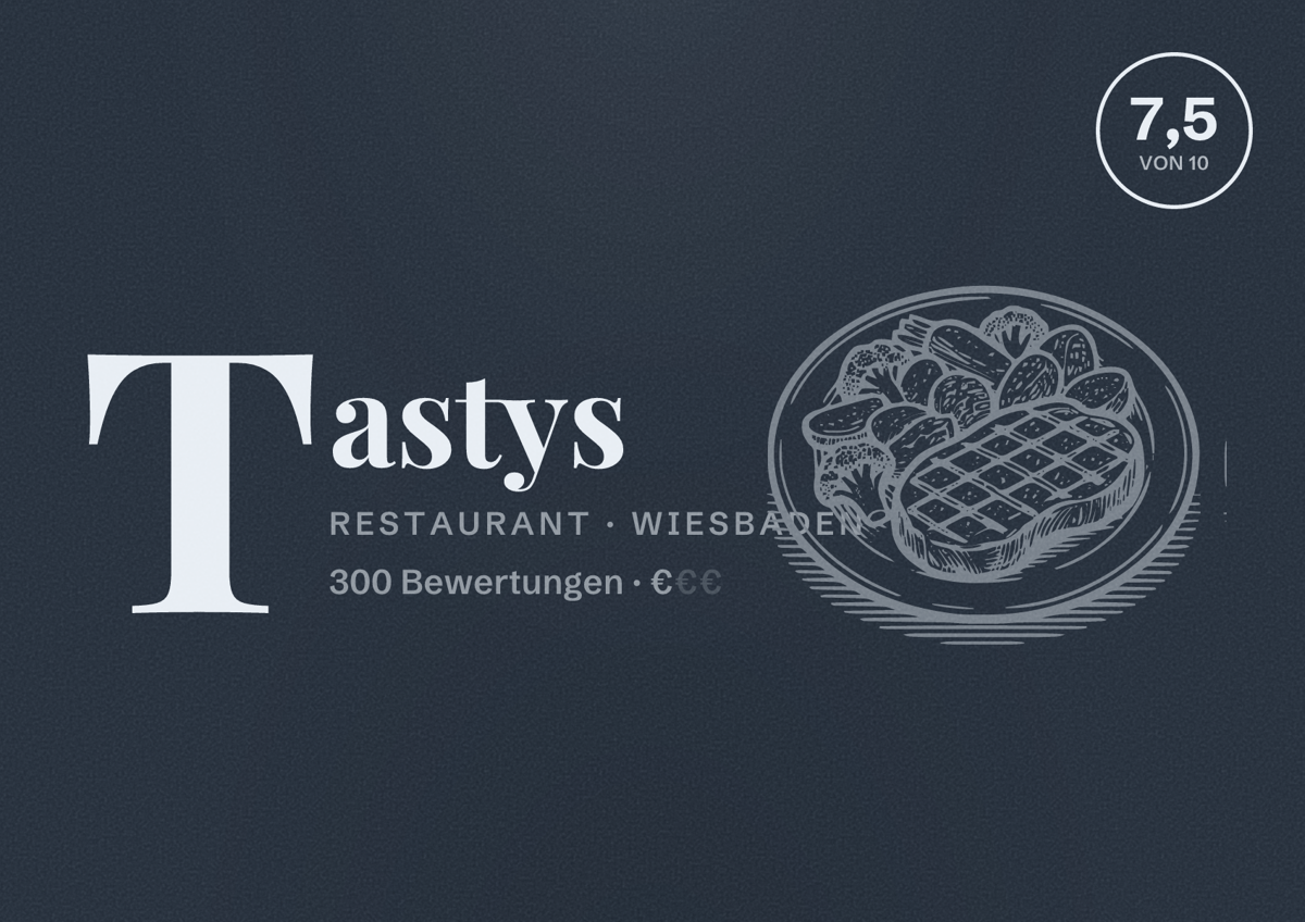 Illustriertes Poster von Tastys, Restaurant in Wiesbaden: Bewertung 7,5 von 10 aus 300 Bewertungen, Preisniveau €