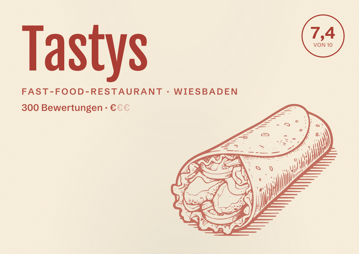 Illustriertes Poster von Tastys, Fast-Food-Restaurant in Wiesbaden: Bewertung 7,4 von 10 aus 300 Bewertungen, Preisniveau €