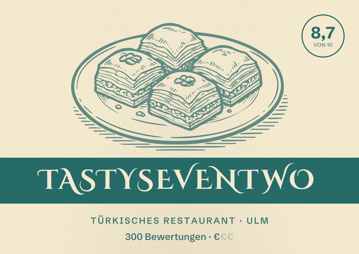 Illustriertes Poster von Tastyseventwo, Türkisches Restaurant in Ulm: Bewertung 8,7 von 10 aus 300 Bewertungen, Preisniveau €