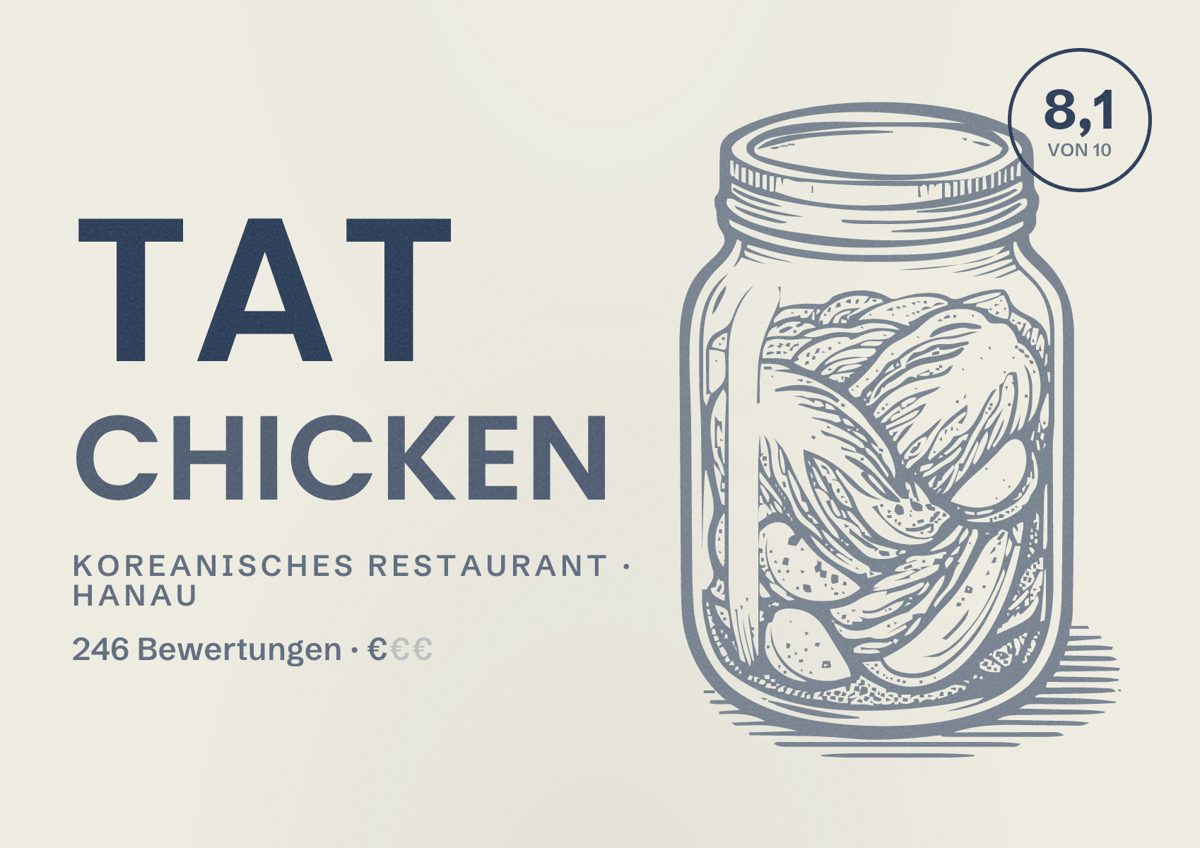 Illustriertes Poster von TAT Chicken, Koreanisches Restaurant in Hanau: Bewertung 8,1 von 10 aus 246 Bewertungen, Preisniveau €