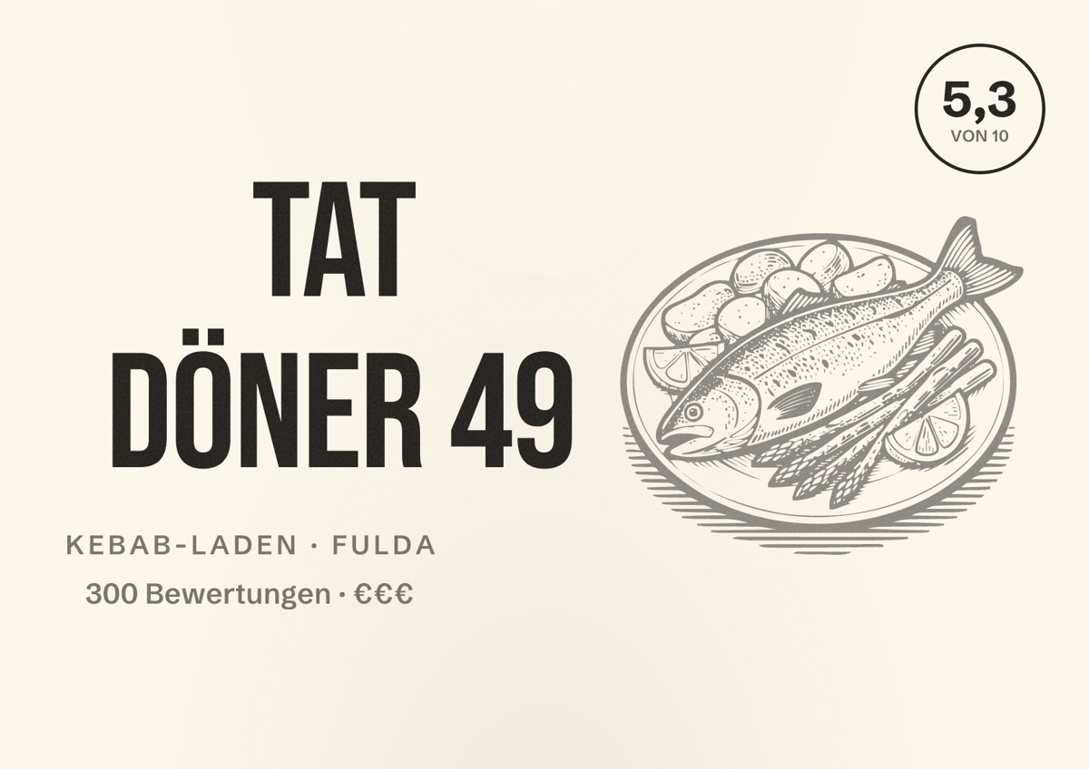 Illustriertes Poster von Tat Döner 49, Kebab-Laden in Fulda: Bewertung 5,3 von 10 aus 300 Bewertungen, Preisniveau €€€