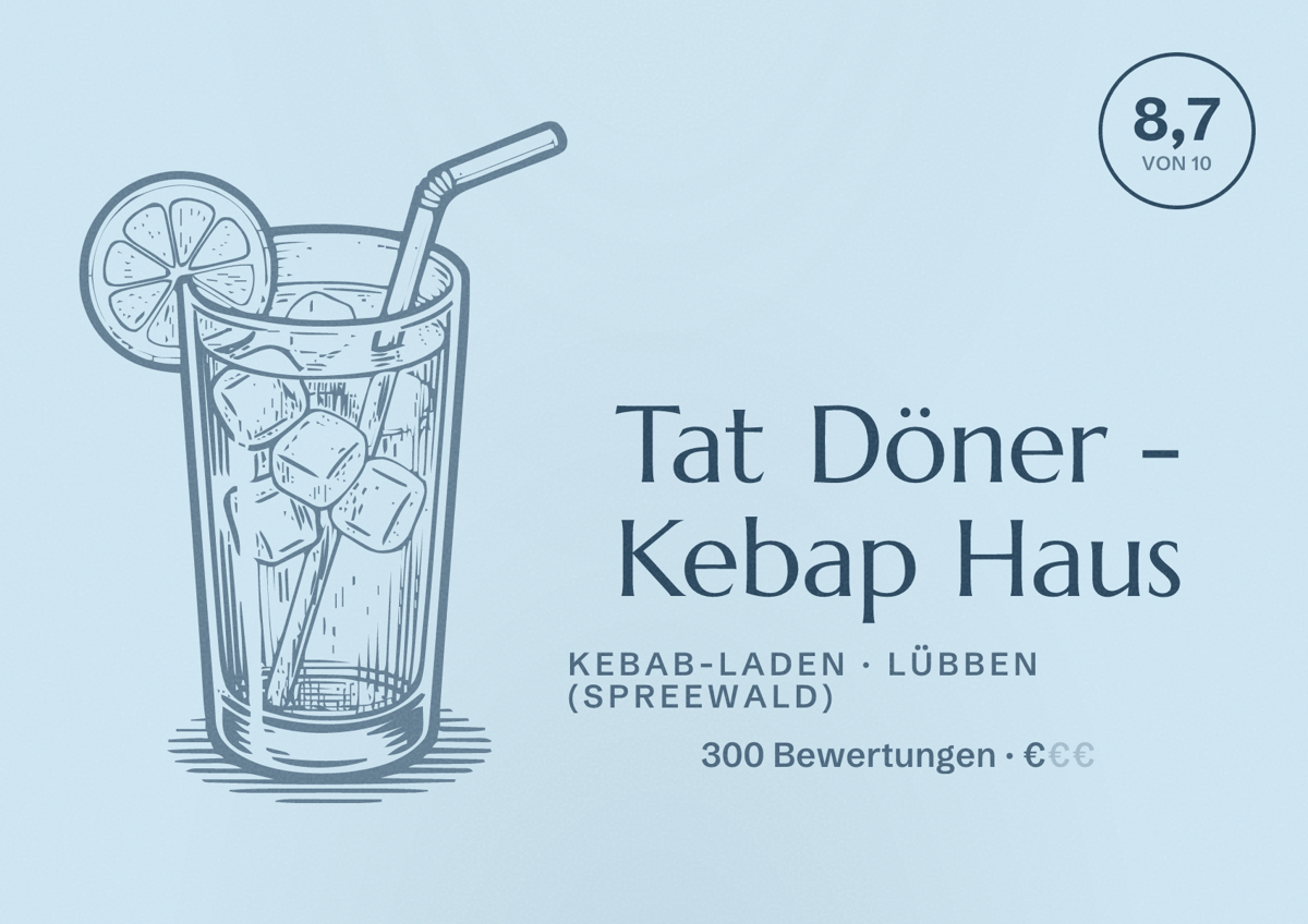 Illustriertes Poster von Tat Döner - Kebap Haus, Kebab-Laden in Lübben (Spreewald): Bewertung 8,7 von 10 aus 300 Bewertungen, Preisniveau €