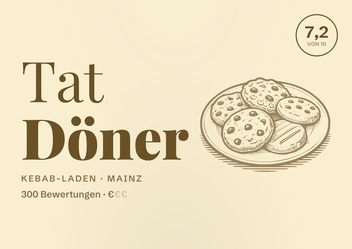 Illustriertes Poster von Tat Döner, Kebab-Laden in Mainz: Bewertung 7,2 von 10 aus 300 Bewertungen, Preisniveau €