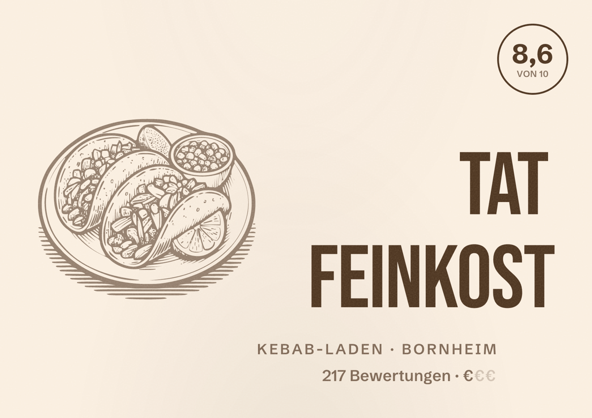Illustriertes Poster von TAT Feinkost, Kebab-Laden in Bornheim: Bewertung 8,6 von 10 aus 217 Bewertungen, Preisniveau €