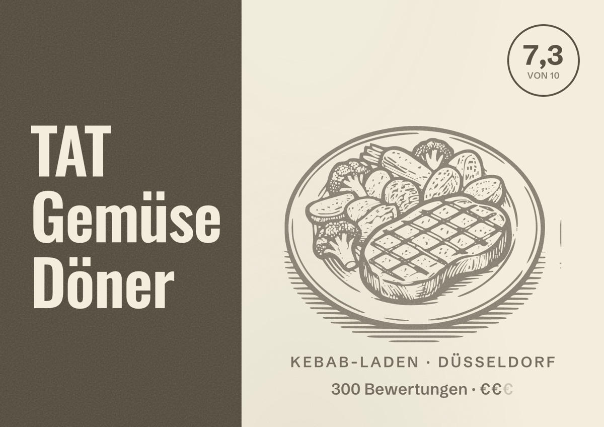 Illustriertes Poster von TAT Gemüse Döner, Kebab-Laden in Düsseldorf: Bewertung 7,3 von 10 aus 300 Bewertungen, Preisniveau €€