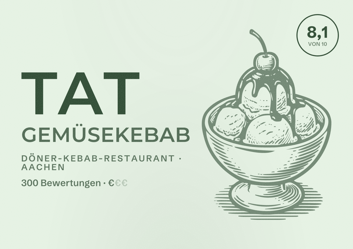 Illustriertes Poster von tat Gemüsekebab, Döner-Kebab-Restaurant in Aachen: Bewertung 8,1 von 10 aus 300 Bewertungen, Preisniveau €
