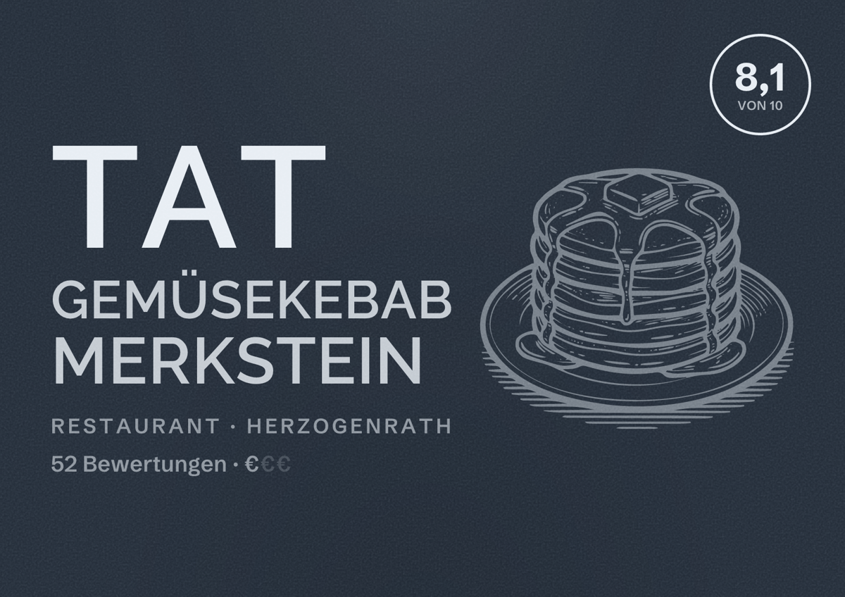 Illustriertes Poster von TAT Gemüsekebab Merkstein, Restaurant in Herzogenrath: Bewertung 8,1 von 10 aus 52 Bewertungen, Preisniveau €