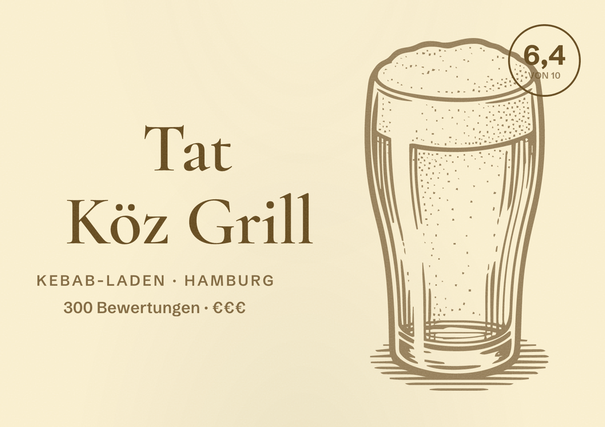 Illustriertes Poster von Tat Köz Grill, Kebab-Laden in Hamburg: Bewertung 6,4 von 10 aus 300 Bewertungen, Preisniveau €€€