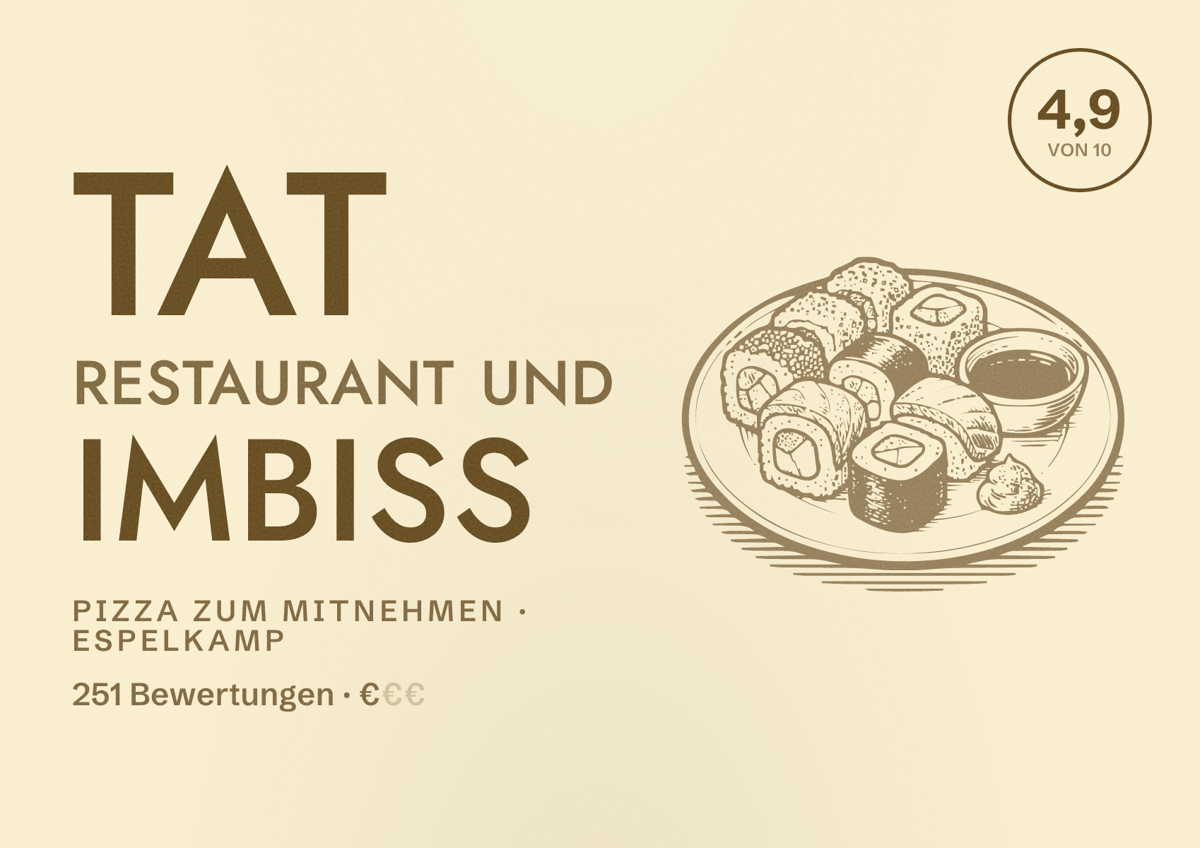 Illustriertes Poster von TAT Restaurant und Imbiss, Pizza zum Mitnehmen in Espelkamp: Bewertung 4,9 von 10 aus 251 Bewertungen, Preisniveau €