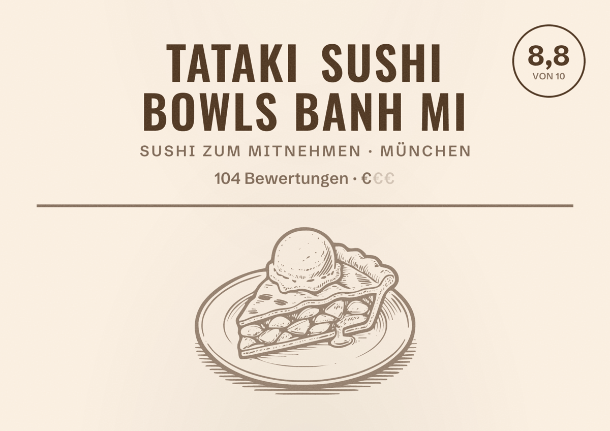 Illustriertes Poster von Tataki Sushi Bowls Banh Mi, Sushi zum Mitnehmen in München: Bewertung 8,8 von 10 aus 104 Bewertungen, Preisniveau €