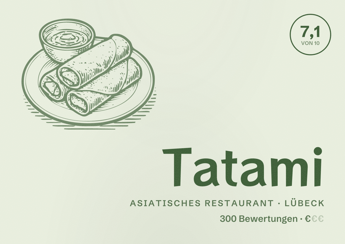 Illustriertes Poster von Tatami, Asiatisches Restaurant in Lübeck: Bewertung 7,1 von 10 aus 300 Bewertungen, Preisniveau €