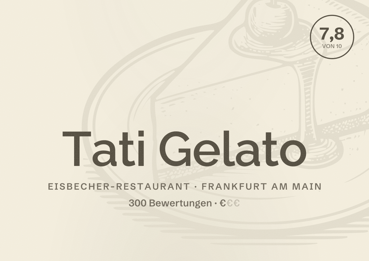 Illustriertes Poster von Tati Gelato, Eisbecher-Restaurant in Frankfurt am Main: Bewertung 7,8 von 10 aus 300 Bewertungen, Preisniveau €