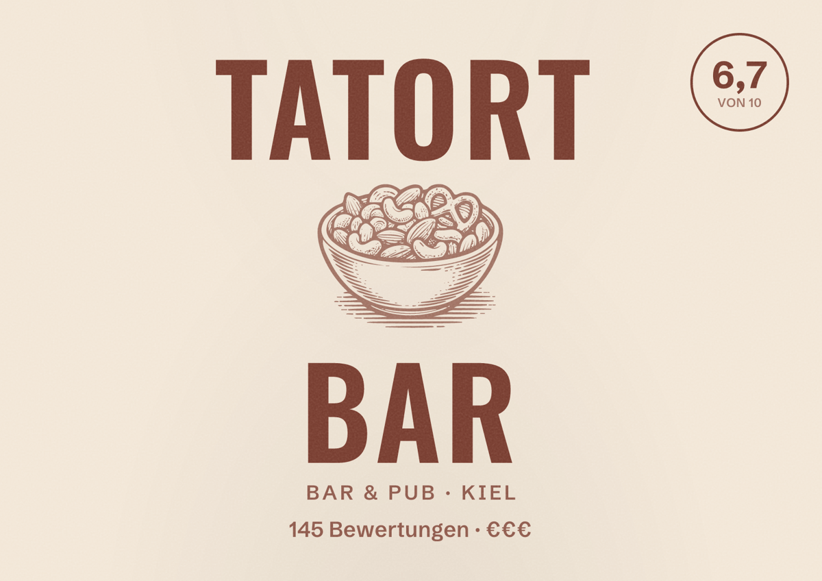 Illustriertes Poster von Tatort Bar, Bar & Pub in Kiel: Bewertung 6,7 von 10 aus 145 Bewertungen, Preisniveau €€€