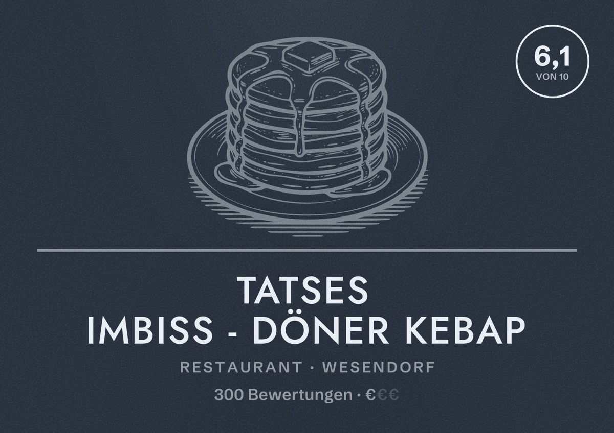 Illustriertes Poster von Tatses Imbiss - Döner Kebap, Restaurant in Wesendorf: Bewertung 6,1 von 10 aus 300 Bewertungen, Preisniveau €