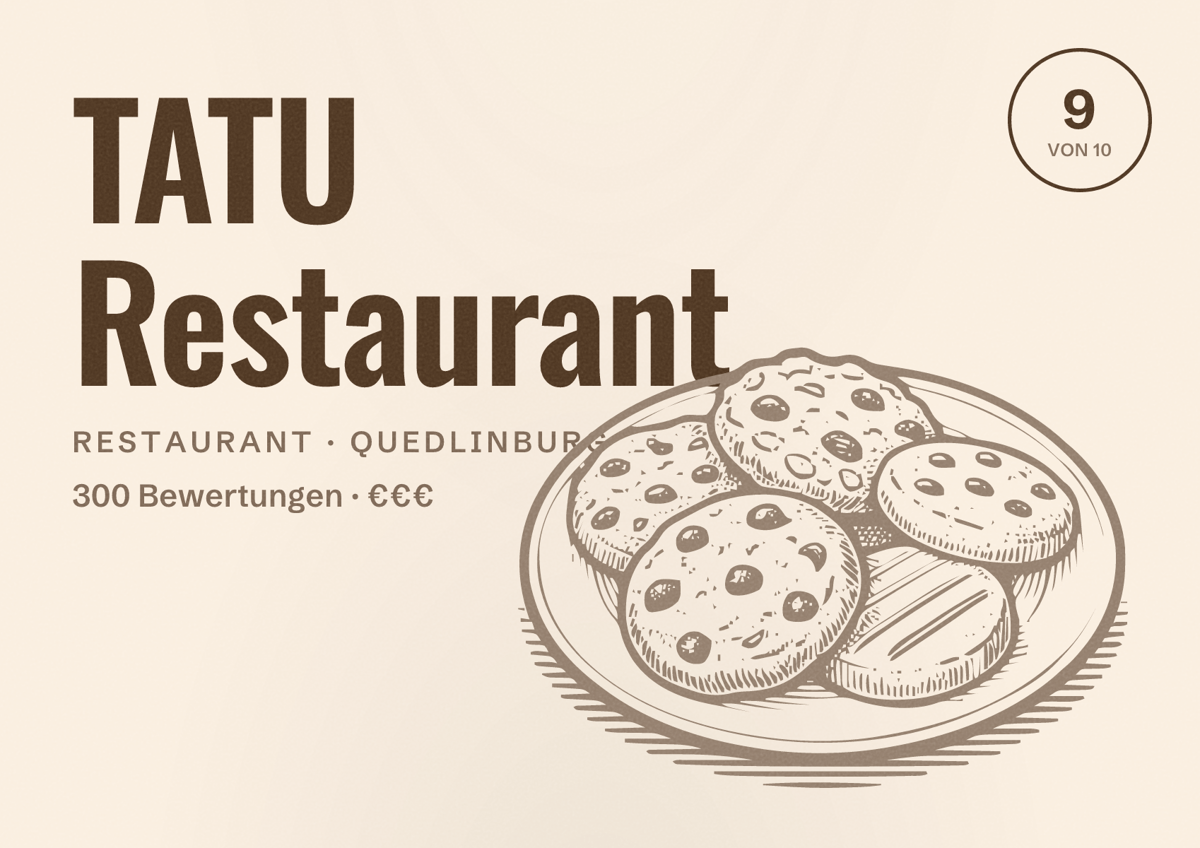 Illustriertes Poster von TATU Restaurant, Restaurant in Quedlinburg: Bewertung 9 von 10 aus 300 Bewertungen, Preisniveau €€€