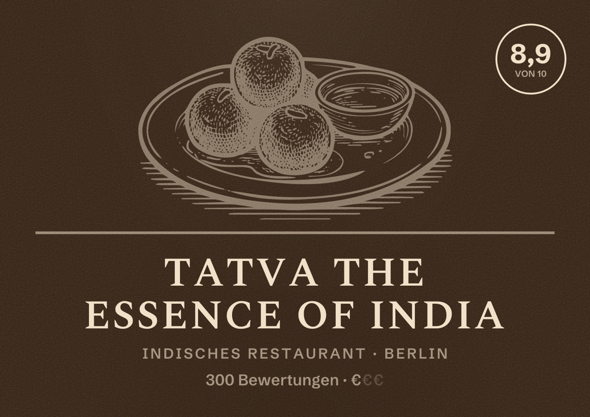 Illustriertes Poster von TATVA The Essence of India, Indisches Restaurant in Berlin: Bewertung 8,9 von 10 aus 300 Bewertungen, Preisniveau €